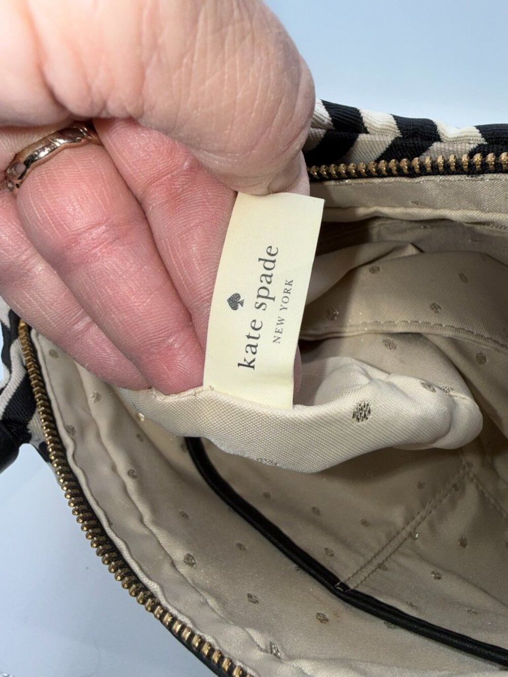 Kate Spade Black White Canvas Striped Bow Handbag Purse Classic Chic - Picture 3 of 16